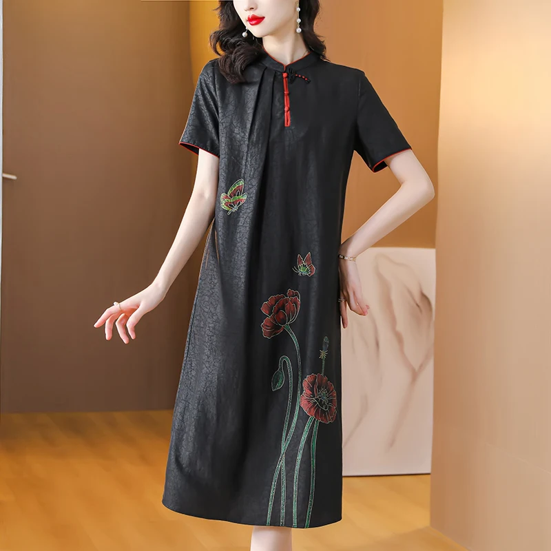 2023 New Vintage Silk Printed Dress Women's High End Fashion Chinese Style Loose Fit Casual Party Dress Vestidos