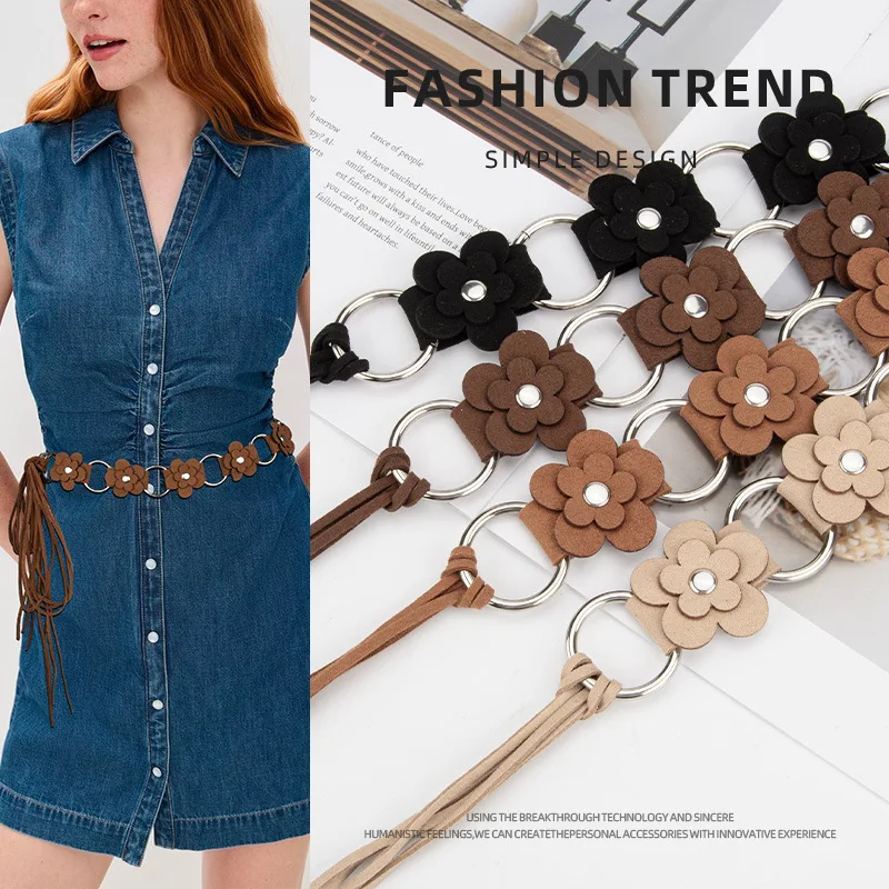 

Bohemian Style Flower Patchwork Woven Waist Chain Women Design Sense Vacation Style Decorative Dress Cattlehide Belt Accessories