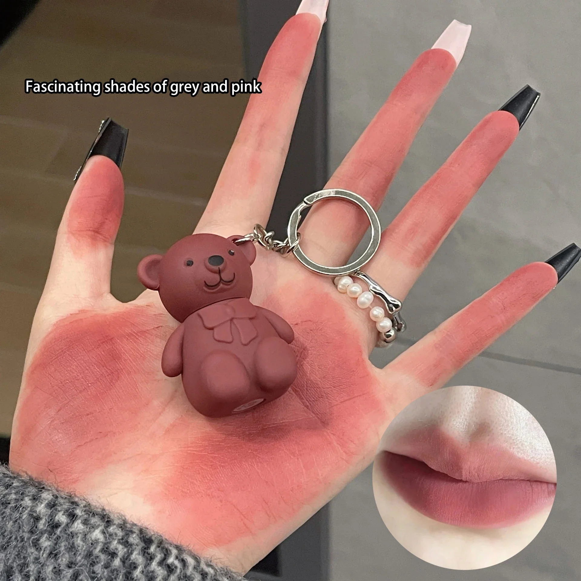 

Matte Velvet Lip Glaze Cute Bear Keychain Pendant Liquid Lipstick Ash Pink Nude Lip Gloss Women Waterproof Lip Tint Mud Cosmetic