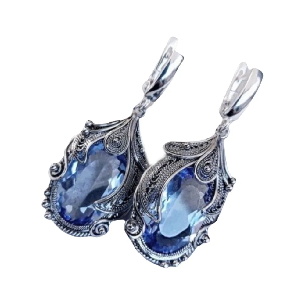 Silver-Plated Metal Zircon Drop Earrings Ornate Inlaid Long Dangle Crystal Dangle Earrings Oval Zircon Stone Long Drop Earrings