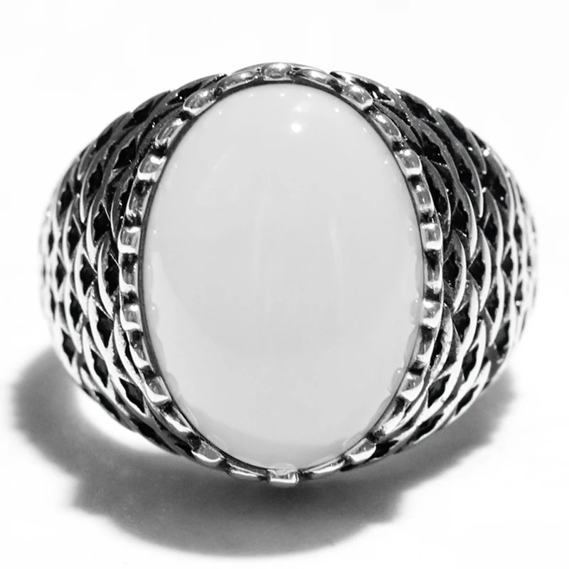 S925 Sterling Silver Ring Türkiye Men's Handmade Jewelry Gift Natural White Agate Vintage Punk Luxury Holiday Gift image 3