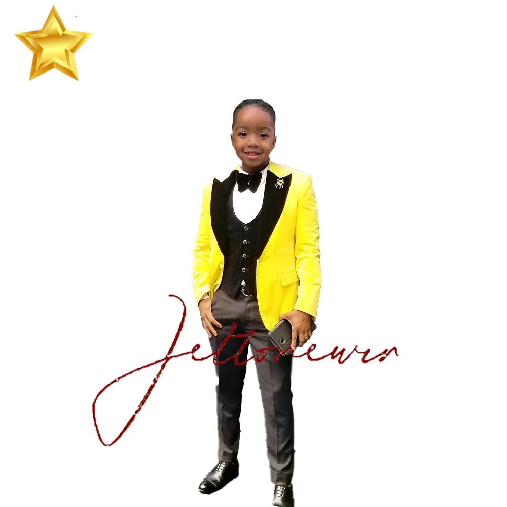 Boys Suits Formal Prom For Kids Evening 3 Piece Yellow Jacket With Black Pants Vest Slim Fit Wedding Tuxedo African Childs