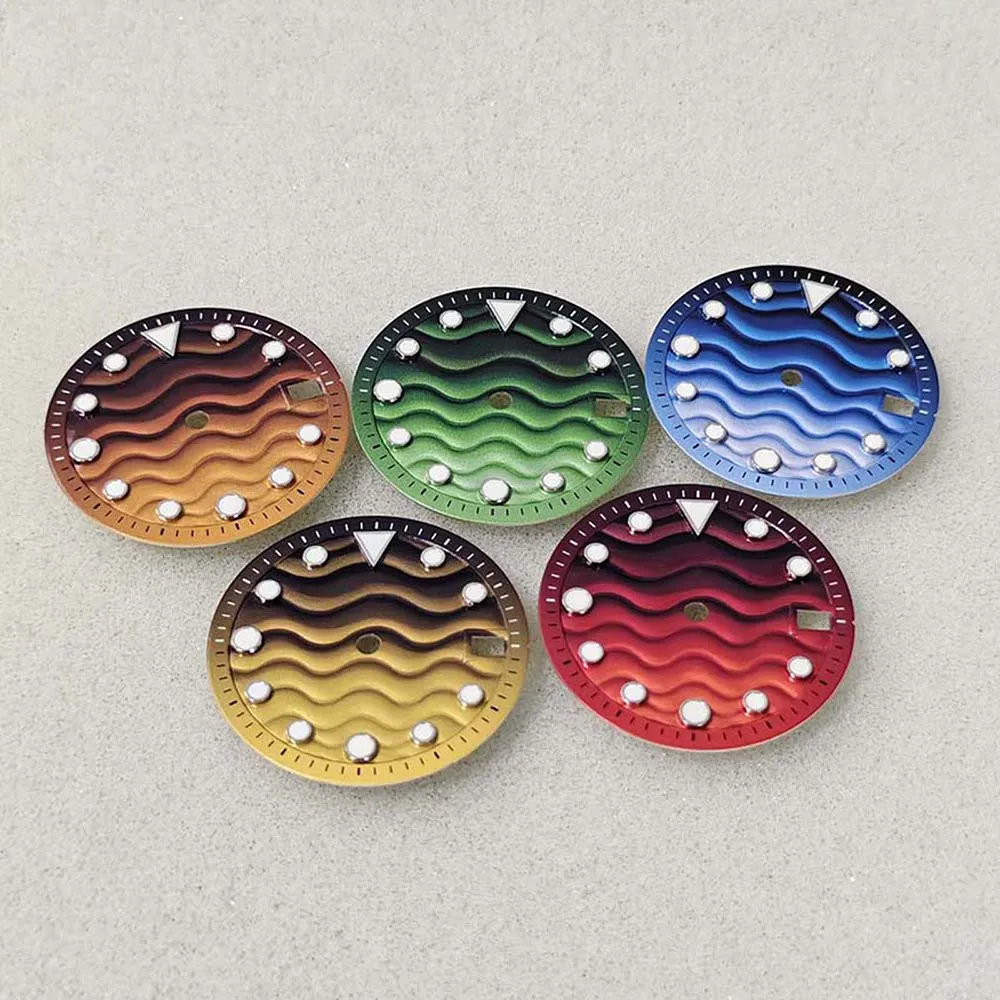 Cadran de montre 28.5mm, pour mouvement NH35 NH36 7S, clous argentés, cadran lumineux vert NH35, calendrier unique, vague, accessoires pour le visage