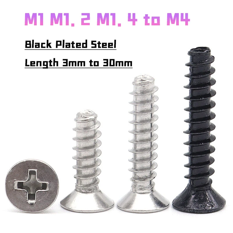 M1 M1.2 M1.4 M1.7 M2~M4 Phillips Countersunk Flat Head Self Tapping Screws Cross Flat Tail Woodworking Screws Black Plated Steel