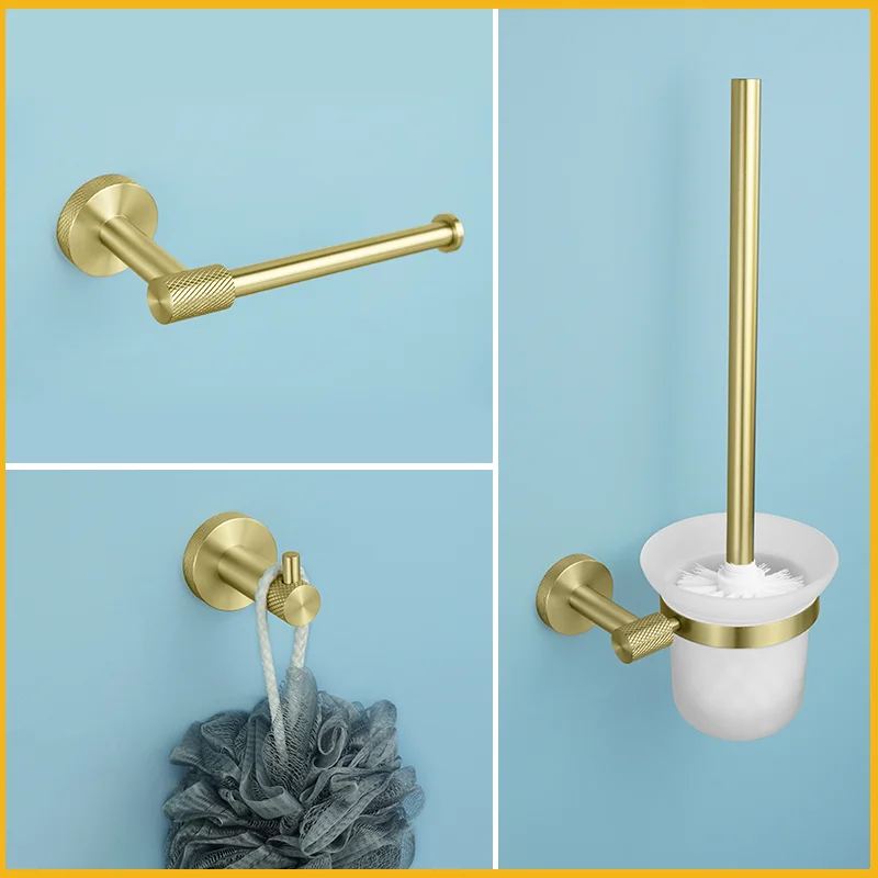 Brushed Gold Stainless Steel Wall-Mounted Towel Bar Toilet Paper Holder Robe Hook Cup Holder Toilet Brush Bathroom Accessories