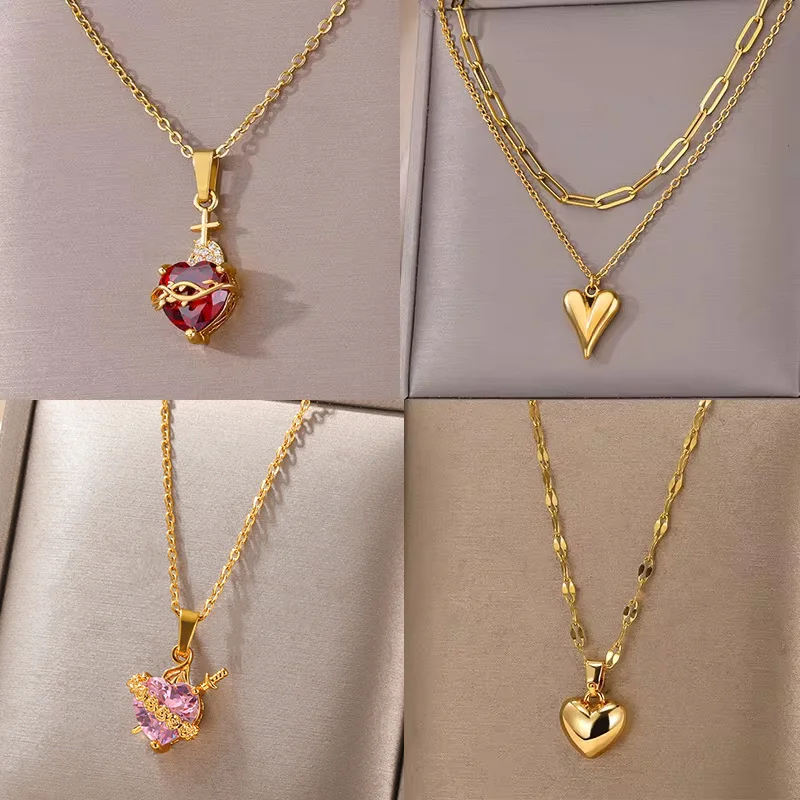 316L Stainless Steel Zircon Heart Cross Necklace for Women Girls Chain Collar Choker Necklace Goth 2024 New Trend Jewelry Gift