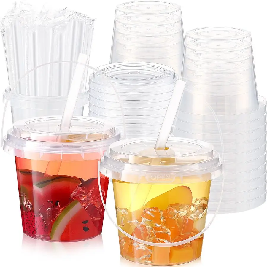 

Set Clear Plastic Cups 24 oz Ice Cream Buckets with Lids and Straws Disposable Drink Cups Cocktail Pails with Handles for Outdoo