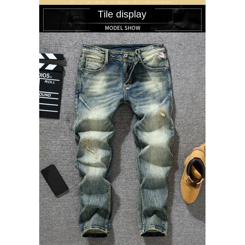 

Heavy duty retro nostalgic jeans for men elastic slim fit small straight tube fashionable high-end distressed washed denim pants