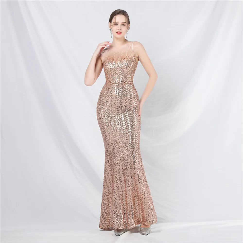 Sladuo Women Sexy Spahetti Strap Feather Sequins Maxi Dress Bodycon Mermaid Elegant Celebrity Evening Party Dresses Vestidos