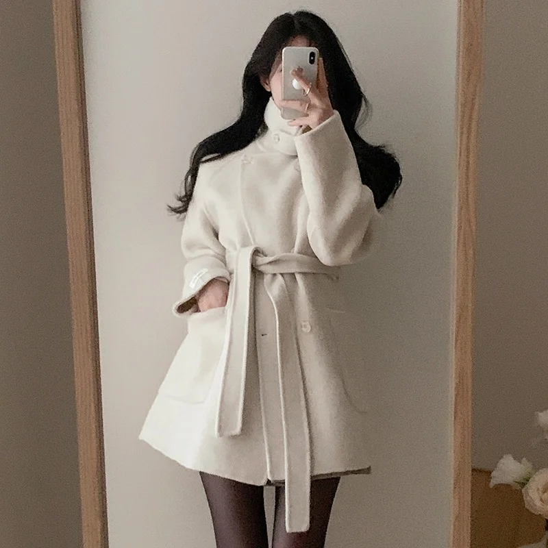 Autumn Winter Woolen Coat Stand Collar Double Button Casual Style Medium Length Women's Thickened Polyester Fiber Outerwear