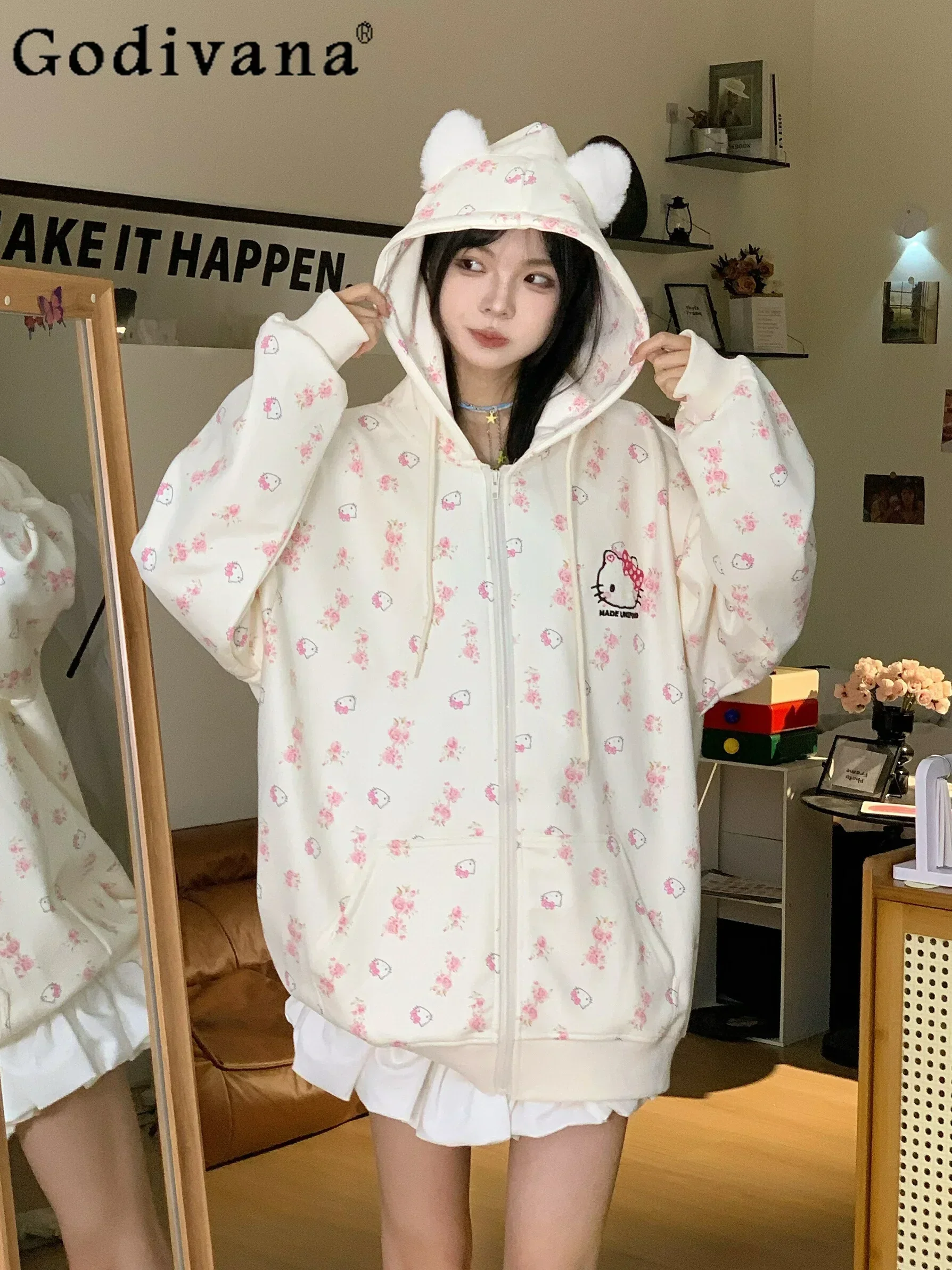 

Sanrio Hello Kitty Hoodies College Style Student Kawaii Casual Hooded Sweatshirts Women Autumn Winter Loose Zip Cardigan Jacket