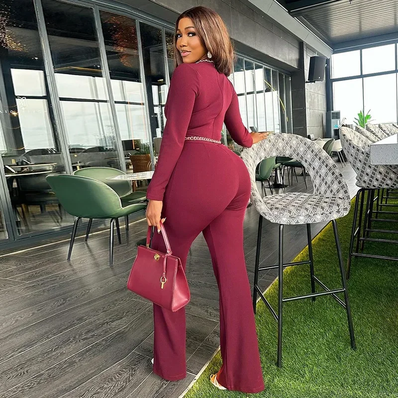 Ueteey Claret Jumpsuit Women Elegance Hollow Out Long Sleeve Overalls Slim Fit Wide Leg Pants Woman One Piece Jumpsuits 2024