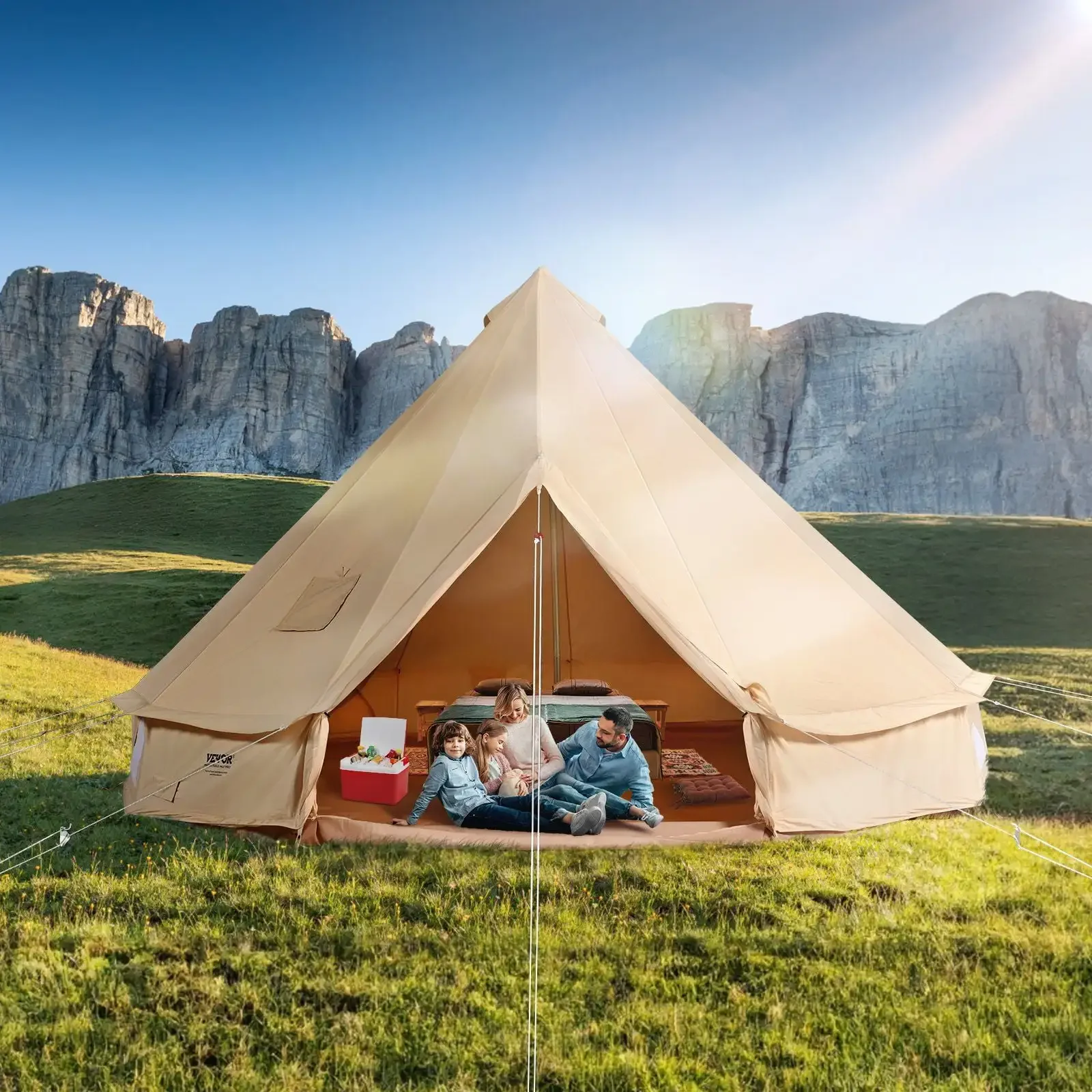 

8-10 Person Canvas Glamping Bell Tent, Breathable Waterproof Yurt Tent with Stove Jack and Detachable Side Wall