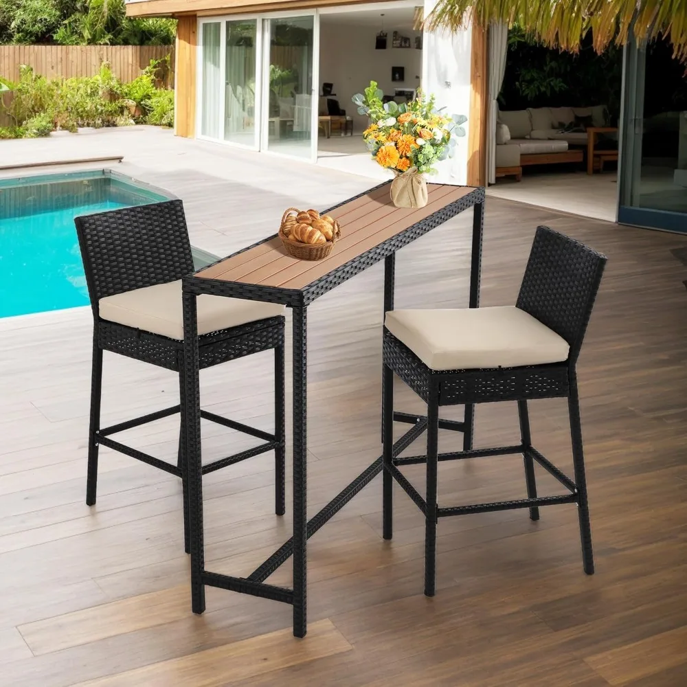 Patio Bar Dining Set: Outdoor Durable Bar-Height Table & Cushioned Stools – Metal Set for Balcony, Backyard