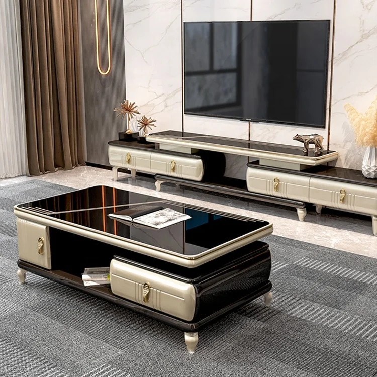 #Modern Deluxe Coffee Table TV Stand with Side Cabinet Gold Stainless Steel Frame Table with Drawer