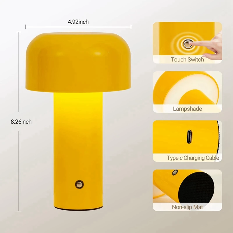 Cordless Mushroom Table Lamp,Rechargeable Operated LED Desk Lamp,3 Color Stepless Dimmable Night Light Bedside Lamp