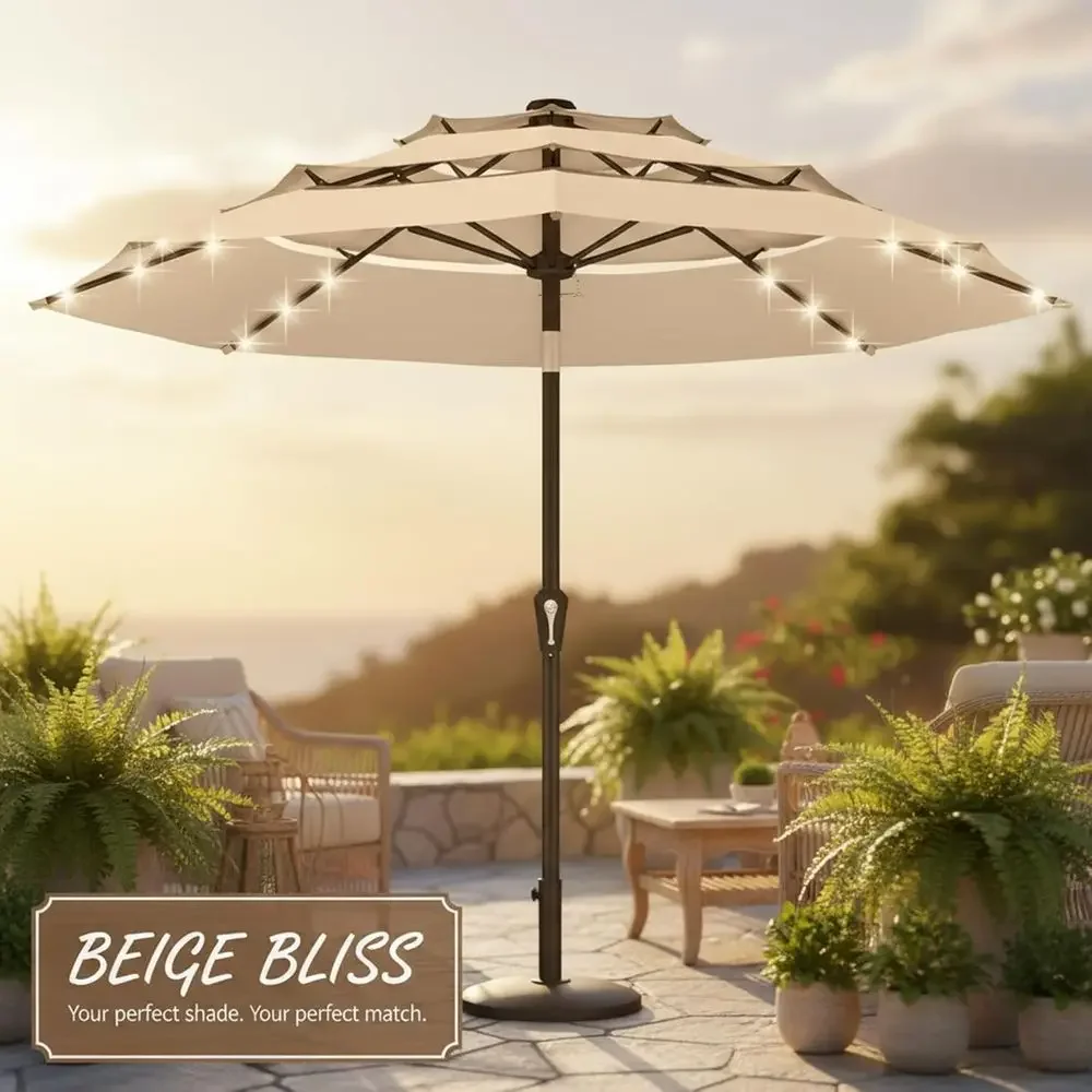 10ft Patio Umbrella with 32 LED Lights, 3-Tier Lighted Outdoor Table Umbrella, Easy Crank, 8 Ribs, UV Protection, Suitable for D