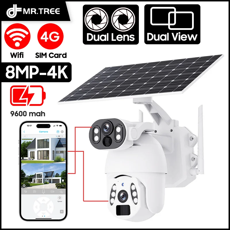 

MR Brand 4K 8MP Solar Camera 4G SIM /WIFI Security Outdoor Surveillance Dual Lens Humanoid Tracking Color Night Visionn PTZ Cam