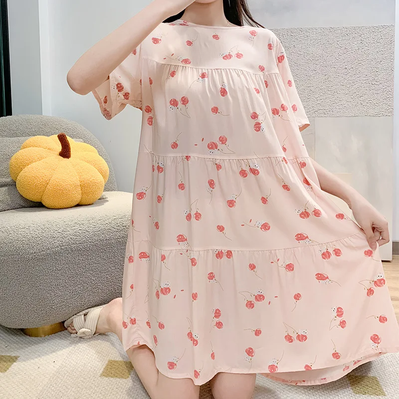 

Women's Nightgown New Sweet Summer Sleeping Dresses Loose Printed Cotton Nightdress Short Sleeve Sleepshirt Lounge Wear