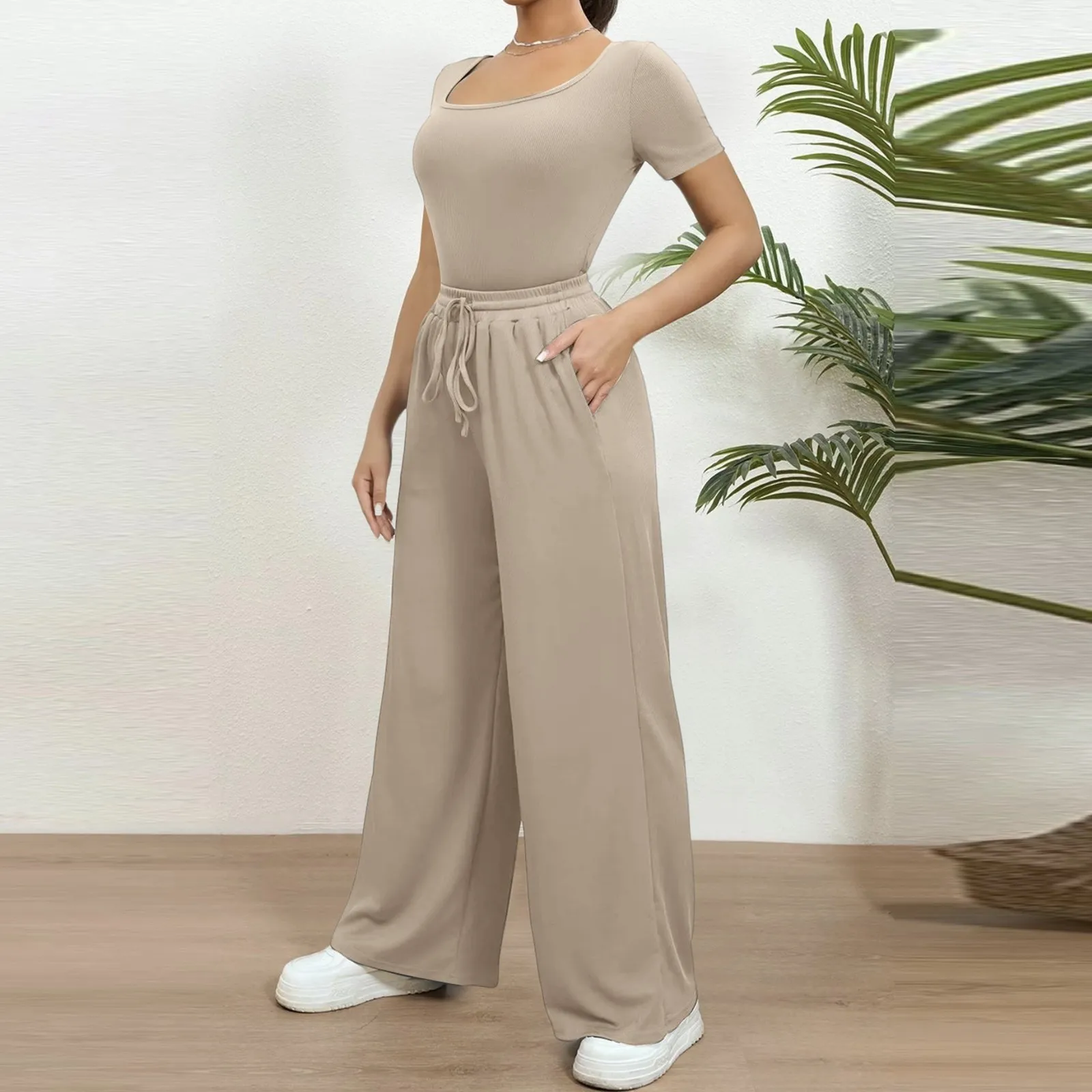 

Women Short Sleeve Straps Knitting Ribbed Top Jumpsuit And Drawstring Elastic Waist Wide Pants Casual Business Outfits for Women