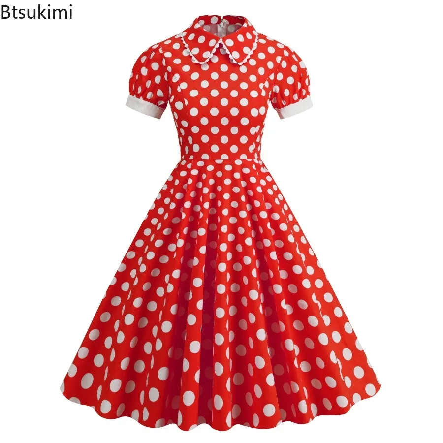 

Hepburn Style Retro Waist Cinching Polka Dot Doll Collar Lace Dress Short Sleeved Performance Dress Big Swing Dress for Women