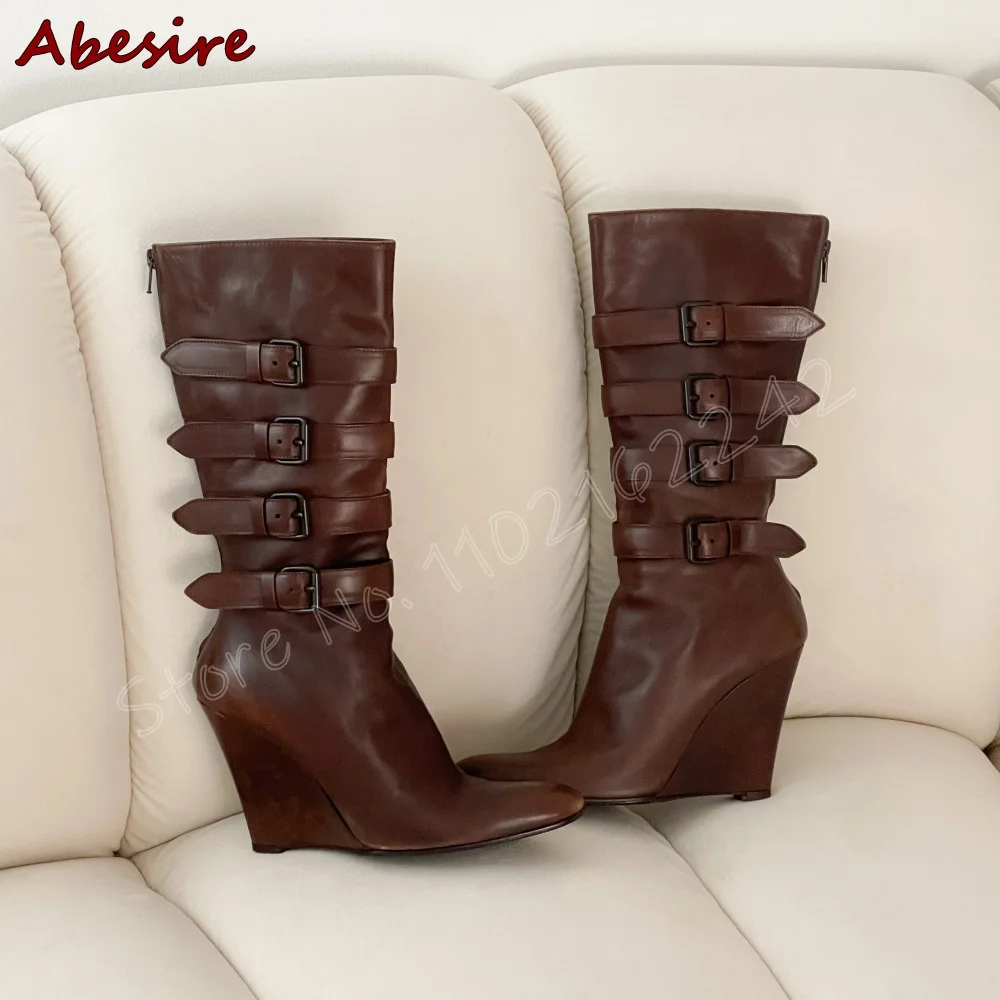 

Vintage Brown Belt Buckle Wedge Heels Round Toe Rear Zipper Thick Sole Mid-Calf Boots Elegant Matte Comfortable Women'S Boots 46