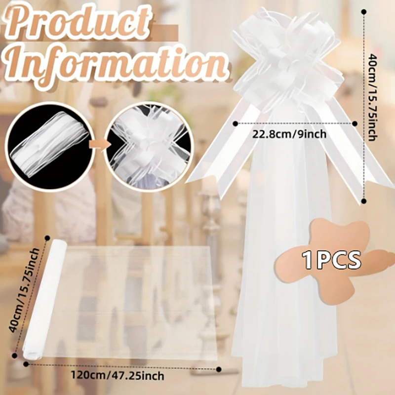 Chair and Church Wedding Pew Bows with Long Tulle Tails; Ornament for Ceremony Aisle and Bridal Car Decor view 6