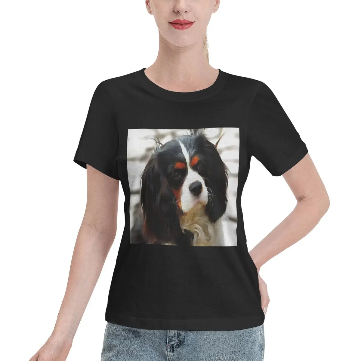 كافالير كينغ تشارلز الذليل الكلب تي شيرت المرأة قصيرة الأكمام تي شيرت طاقم الرقبة الملابس القطن الصيف تيز الشارع الشهير