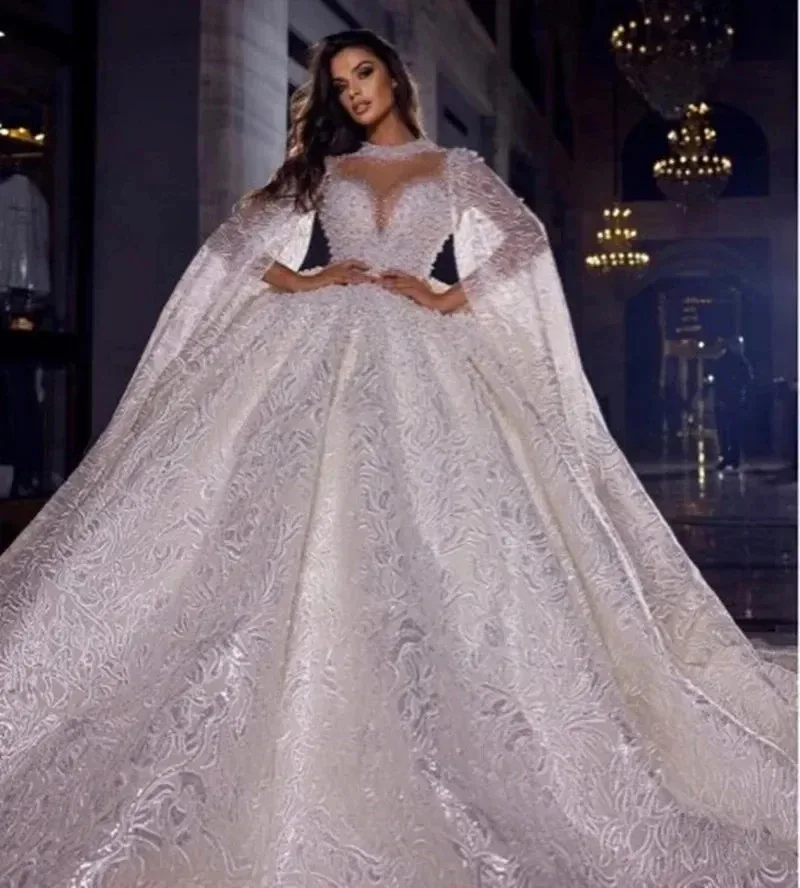 Customized 2026 Arabic Dubai Wedding Dresses High Neck Puffy Lace Crystal Beaded Sequins Women Bridal Gowns Vestidos De Novia
