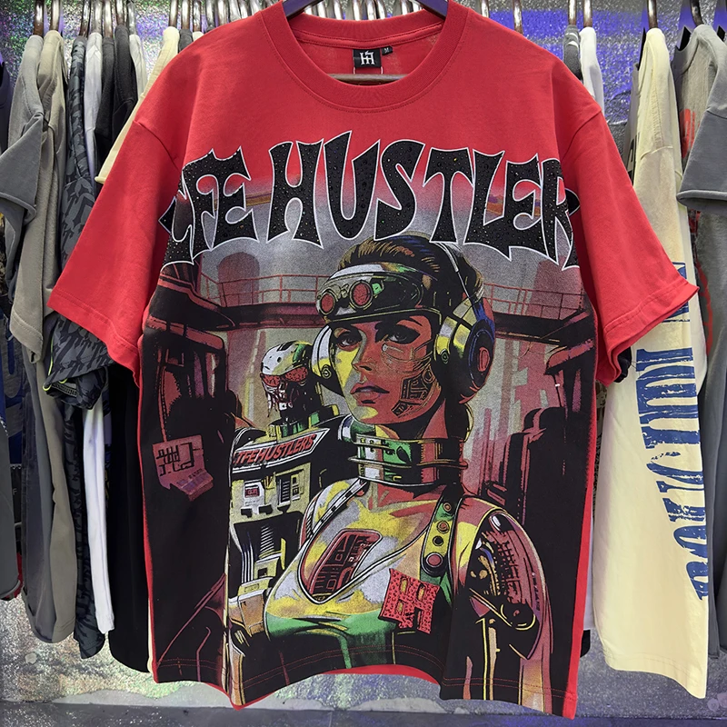 2026 American Street Fashion Trend Life Hustlers Short-sleeved Multi Color Letter Stamped Diamond Print LIFE HUSTLERS Top