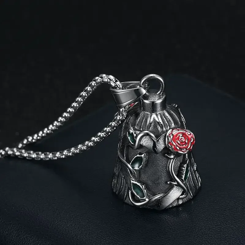 Retro Fashion Rose Bell Pendant Necklace for Men Punk Motorcycle Riding Rock Lucky Exorcism Jewelry Accessories