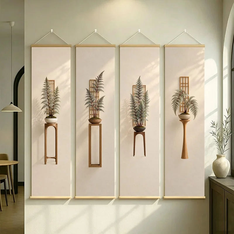 Green Frond Wall Art 4-Panel Leaf Pedestal Vase Scroll Set on Beige Silver Shimmer Canvas for Modern Living Room Decor
