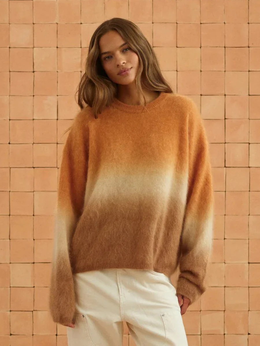 LIinar 2026 Fall Winter New Arrival Women's Wool Knit Pullover Long-Sleeve Stylish Gradient-Color Casual Loose-Fit Sweater