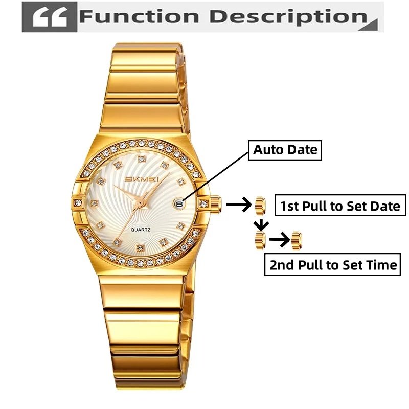 Skmei Luxury Brand Bracelet Watches for Womens Analog Rhinestone Dial Stainless Steel Strap Quartz Calendar Waterproof Time