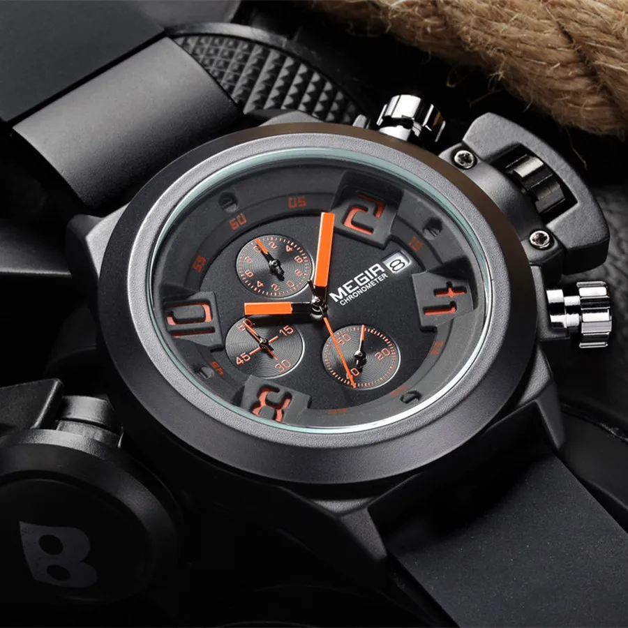 MEGIR 2002 Multi-functional Sports Chronograph Silicone Band Luxury Men Watch Waterproof Calendar Quartz Wristwatch Montre Homme