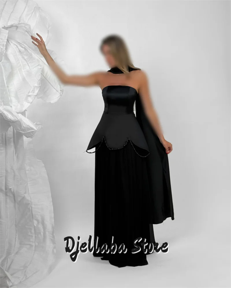 

Elegant Black Arabic Evening Dress Strapless Chiffon Beaded Pearls Floor Length Customized Prom Gown Peplum Occasion Dresses