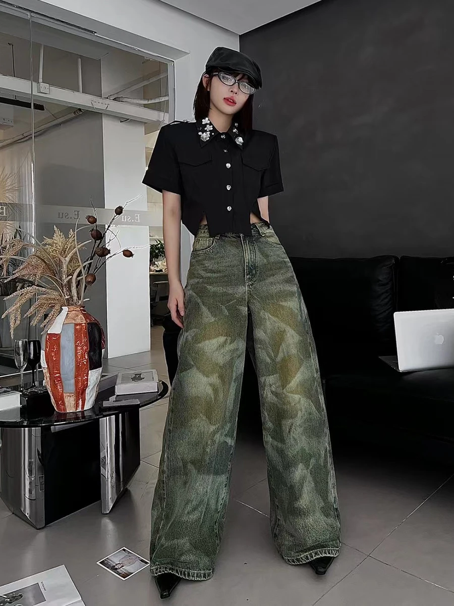 REDDACHiC Tie Dye Green Women Baggy Jeans Vintage Wash High Waist Loose Fit Causal Wide Leg Denim Pants Y2k Harajuku Streetwear