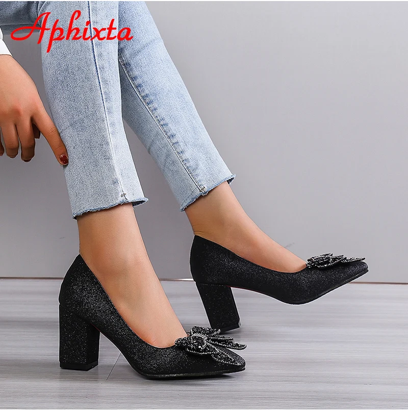 Aphixta New Appliques 7cm Square Heel Shoes Women Pumps Bling Butterfly-knot Flowers Officile Pointed Toe Super Big Size 49 50