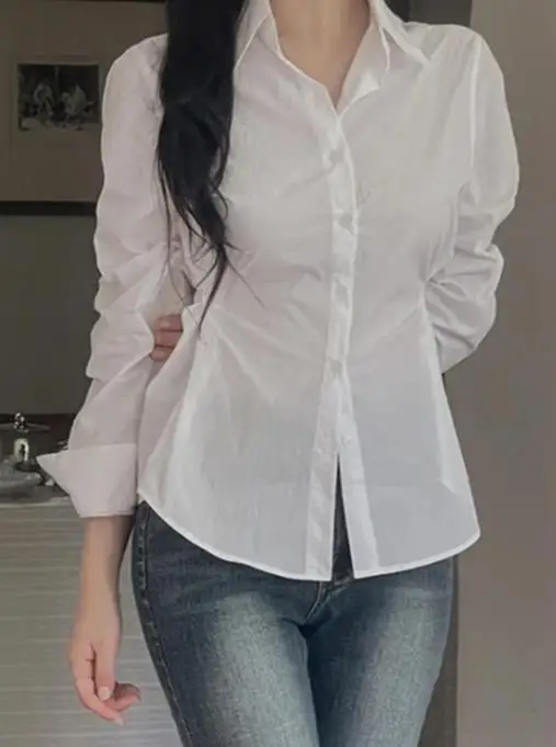 

Women Blouse 2026 Spring Autumn New Solid Color Turn-Down Collar Long Sleeve Slim Fit Daily Versatile Casual Shirt Top