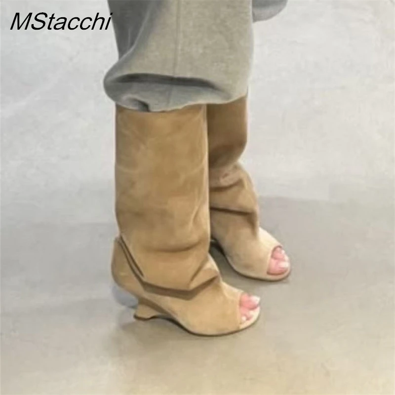 

2026 Fish Mouth Women's High Boots Thick High Heels Knee Length Cool Boots Slant Heel Shoes Stylish Spring/Summer Women's Boots
