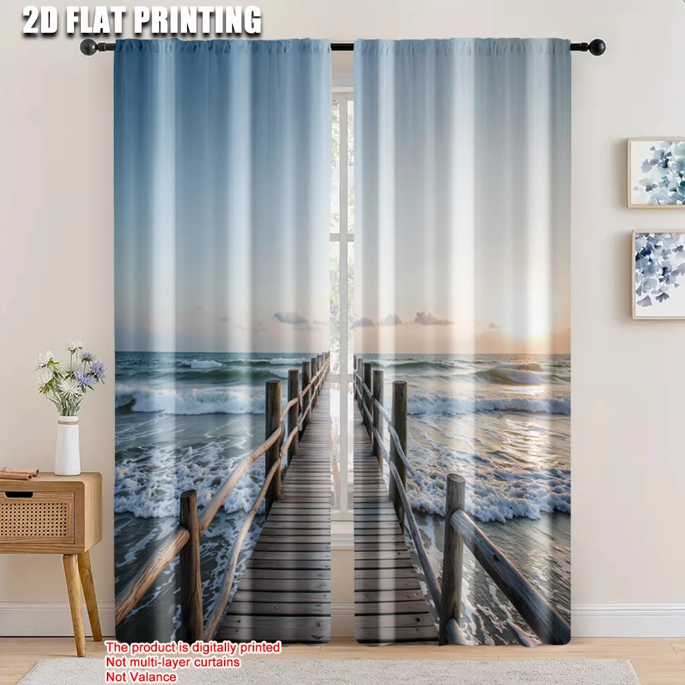 

2pcs, 2D flat printing Scene Curtains coast Versatile Polyester Fabric,Without Electricity Wall Decor Use for translucent