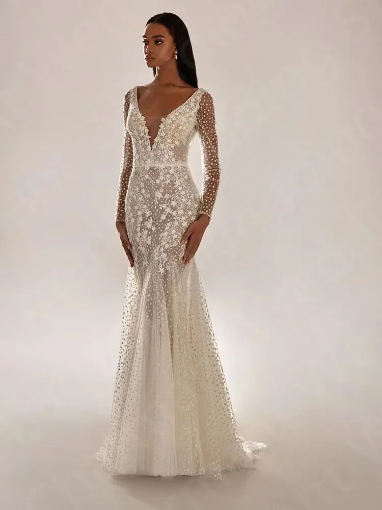 Unico in vendita abiti da sposa 2024 abiti da sposa a sirena maniche lunghe abiti da sposa scollo a V Robe de mariée Lace Back Out