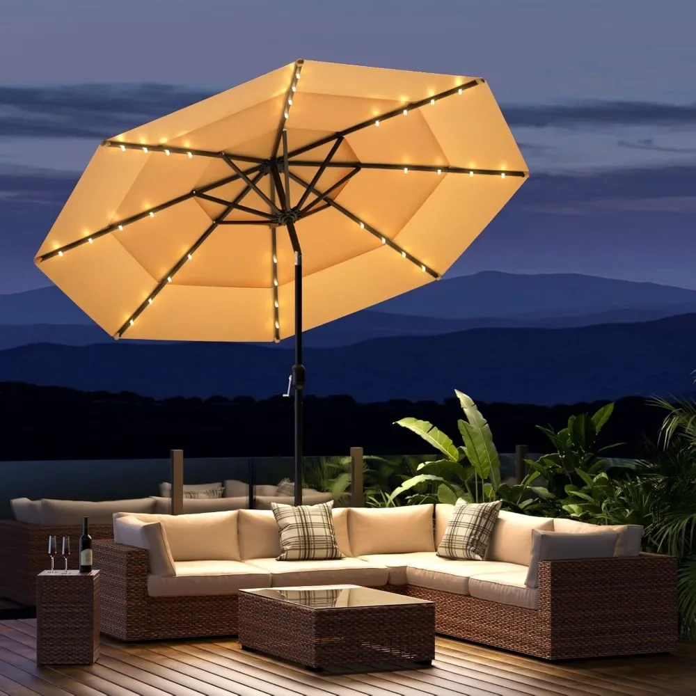 

11FT 3 Tiers Patio Umbrella for Outside, Outdoor Umbrella with Solar LED Lights, Market Patio Table Umbrella with 8 Sturdy Ribs