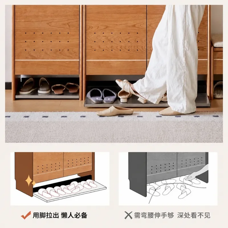 Mortise and Tenon Solid Wood Shoe Cabinet Japanese Style Small Entryway Storage for Apartment Cherry Wood Edge Design