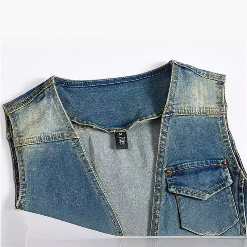 Spring Autumn New Fashion Men's V-nevk Splashed Ink Vintage Blue Sleeveless Jean Jacket Casual Trendy Denim Vest Coat Streetwear