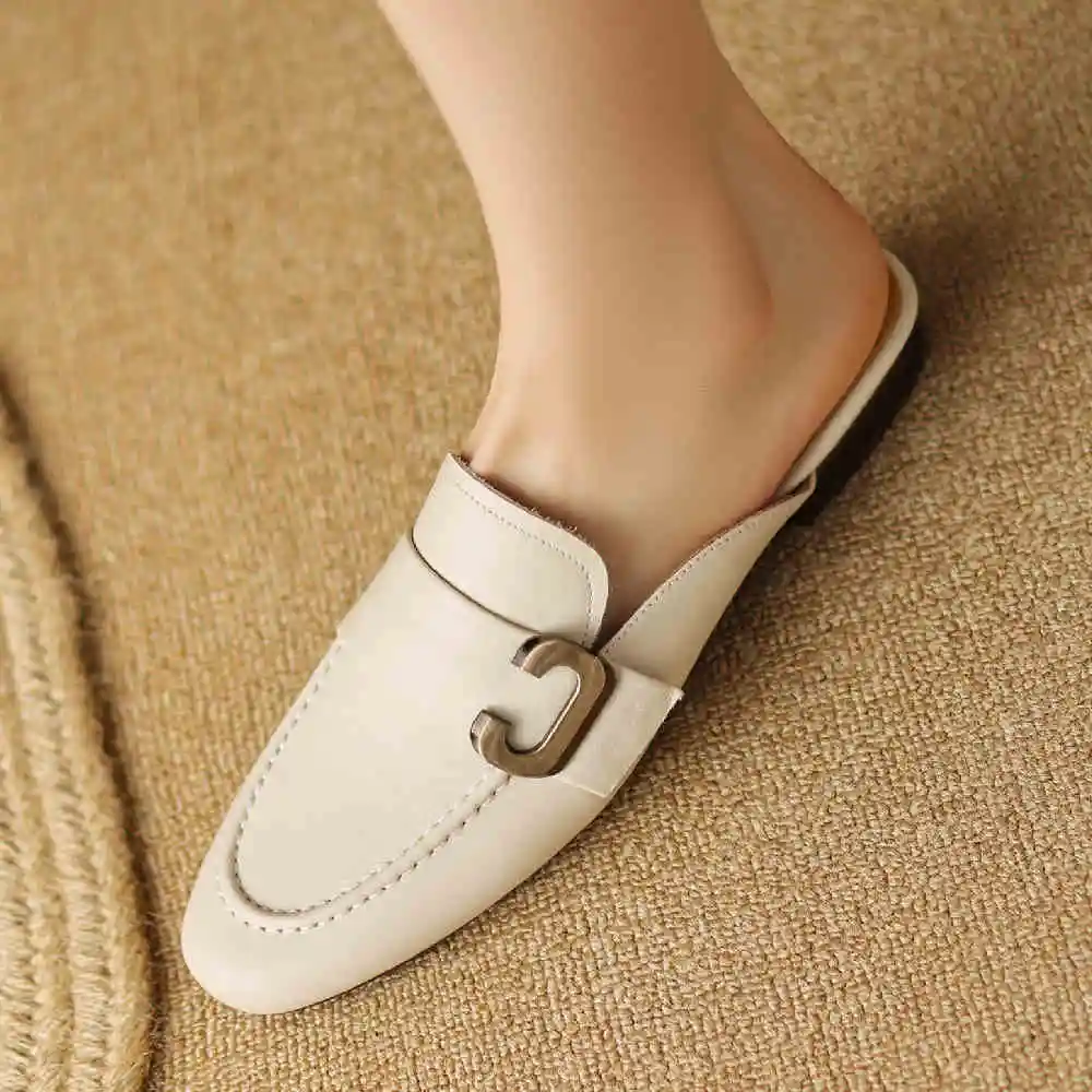 Women\'s genuine leather round toe slip-on flats summer slides casual female soft comfortable mules high quality shoes for women