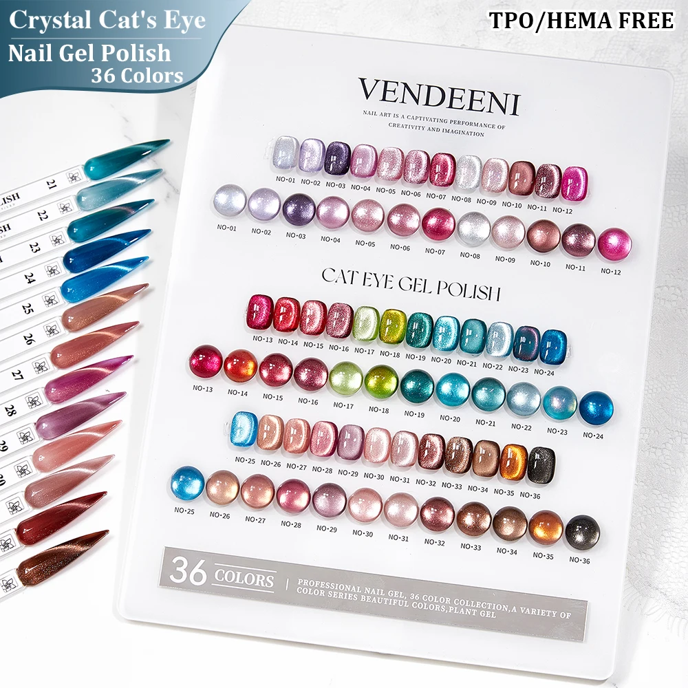 

Vendeeni 36 Colors/set Claret Gemstone Glitter Crystal Magnetic Wide Cat Eye Gel Nail Polish With Color Card TPO/HEMA FREE