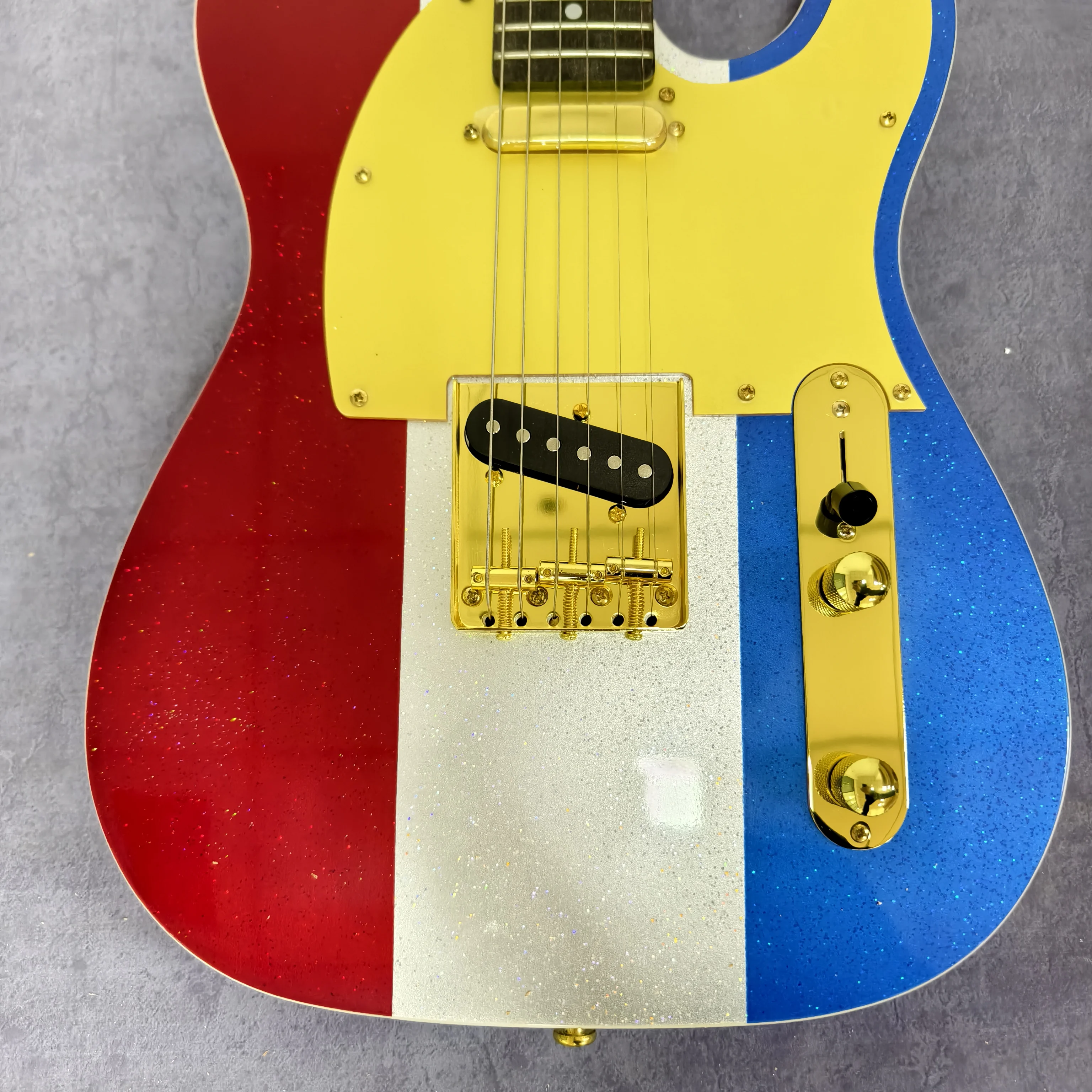In Stock Sparkle Color Block TL Style Electric Guitar Red White Blue Glitter Finish Gold Hardware Single Coil Pickups