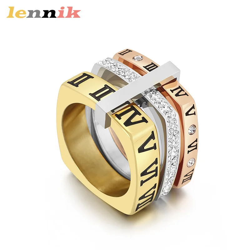 Stilvoller quadratischer LENNIK-Ring mit mehreren Ringen, Edelstahl-Zirkon-Design mit römischen Ziffern, europäisch-amerikanisch, trendig, neues limitiertes Angebot