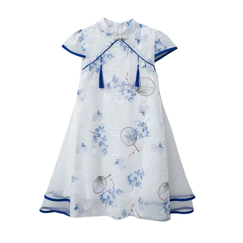 2026 Chinese summer mesh lace flower Child Kid Girls Clothes Teenager short Sleeve qipao red Dress 4 8 10 12 new Year Cheongsam